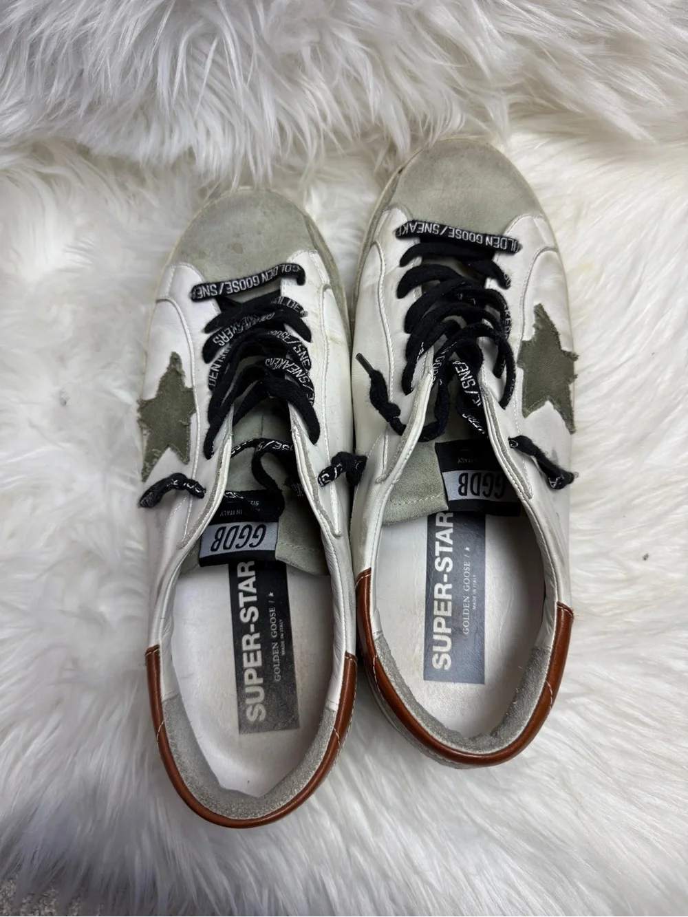 Golden Goose SUPER•STAR White Leather Star Sneakers with Olive and Brown